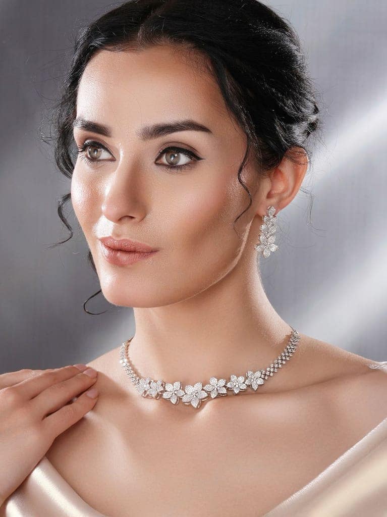 White Rhodium Plated Cubic Zircon Studded Statement Floral Luxe Necklace Jewellery Set view 5