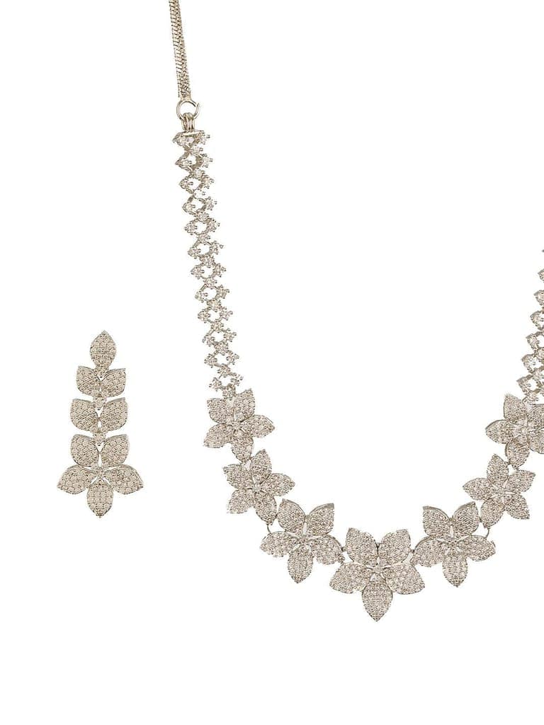 White Rhodium Plated Cubic Zircon Studded Statement Floral Luxe Necklace Jewellery Set view 7