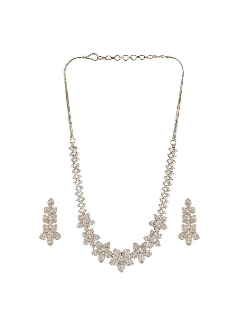White Rhodium Plated Cubic Zircon Studded Statement Floral Luxe Necklace Jewellery Set view 8
