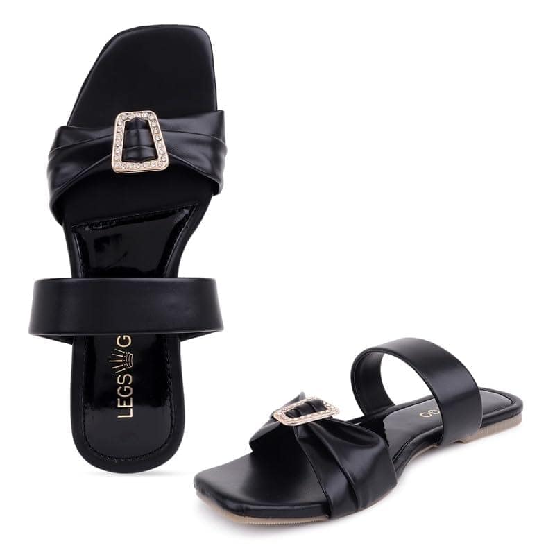 LEGS GO Grey Stylish Round Stone Design Straps flats for women view 3