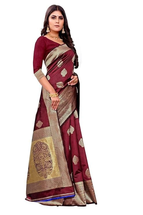 Maroon Banarasi Silk Saree with Gold Zari Work view 3