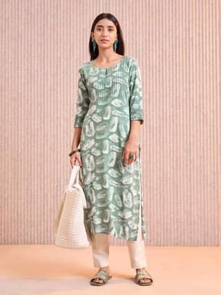 Olive Green Viscose Printed Kurti With Running Stitch Embroidery