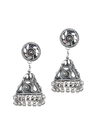 Cardinal Oxidized Silver Color Light Weight Mirror Jhumki Earrings