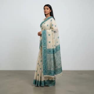 Saura Art Cotton Saree Beige Teal Village Scene Pallu