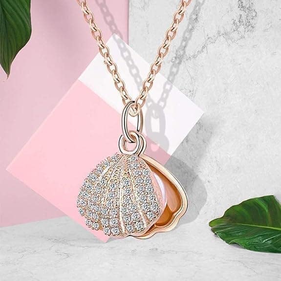 Jewelryklub Sea Shell Pearl Pendant With Chain Studded With Cubic Zircona American Diamonds - Rose Gold view 4