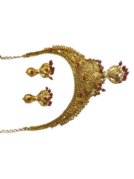 Gold-plated copper necklace set with red beads view 3