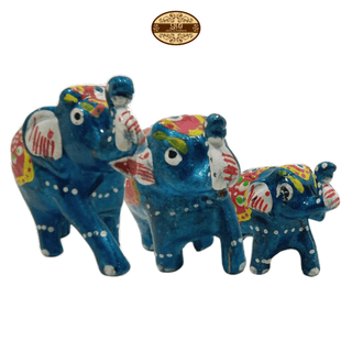 Handcrafted Paper Mache Elephant Family Figurines, Set of 3, Feroze Blue