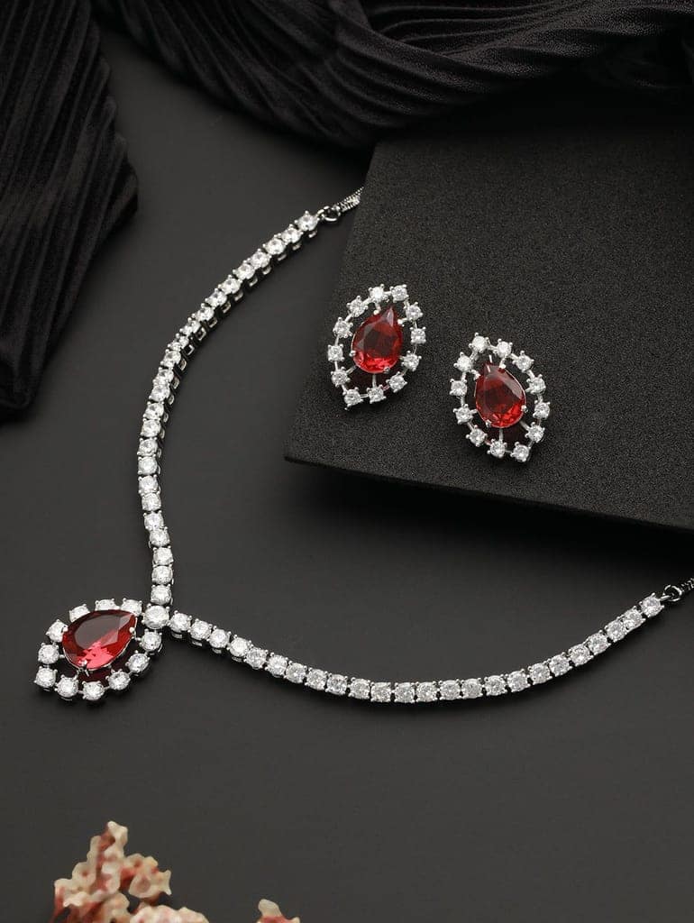 Silver Plated Red CZ Studded Minimal Delicate Jewellery Set view 2