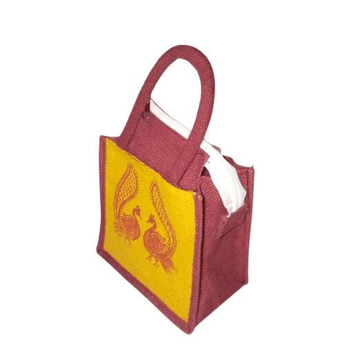 Peacock Print Jute Bag with Zipper Closure view 2