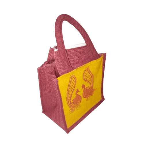 Peacock Print Jute Bag with Zipper Closure view 4
