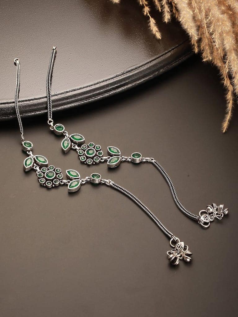 Set of 2 Silver Oxidised Green Stone Studded Trendy Floral Minimal Bridal Dailywear Anklet Payal view 3