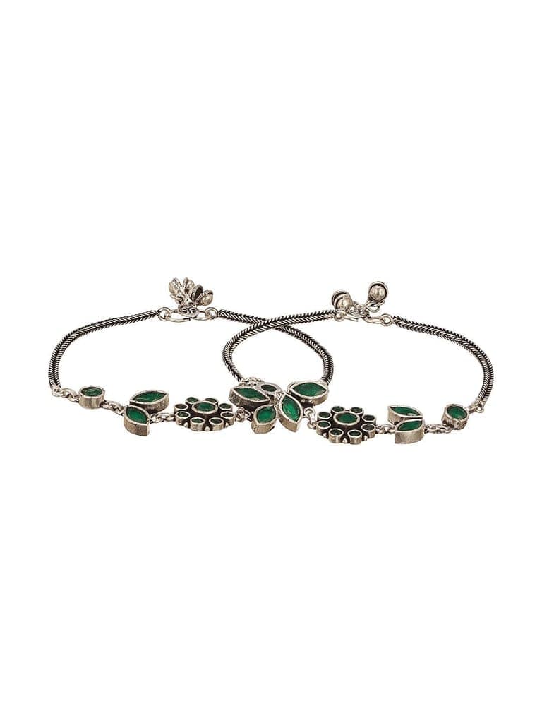 Set of 2 Silver Oxidised Green Stone Studded Trendy Floral Minimal Bridal Dailywear Anklet Payal view 4