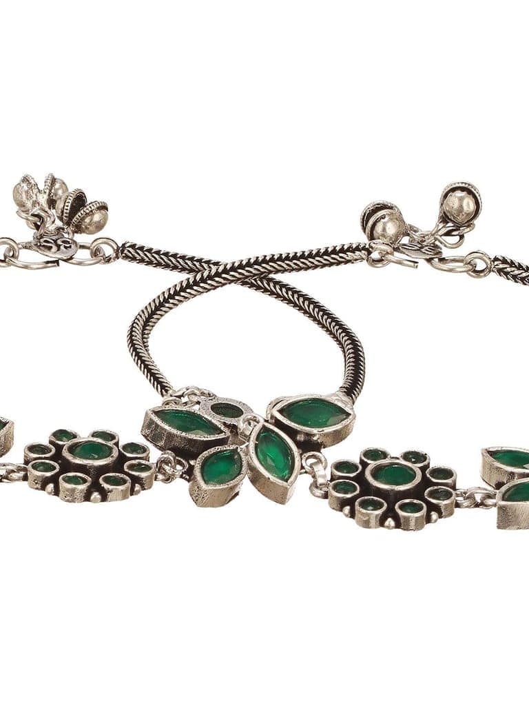 Set of 2 Silver Oxidised Green Stone Studded Trendy Floral Minimal Bridal Dailywear Anklet Payal view 5