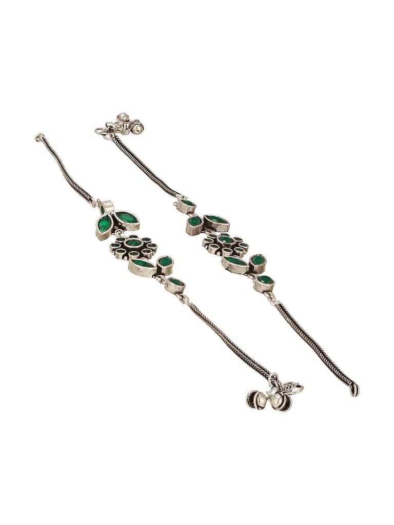 Set of 2 Silver Oxidised Green Stone Studded Trendy Floral Minimal Bridal Dailywear Anklet Payal view 6