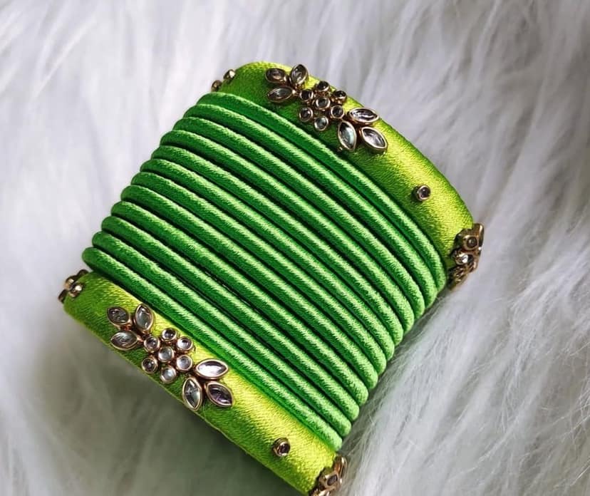 Green Silk Thread Bangle Set with Stone Work for Women view 2