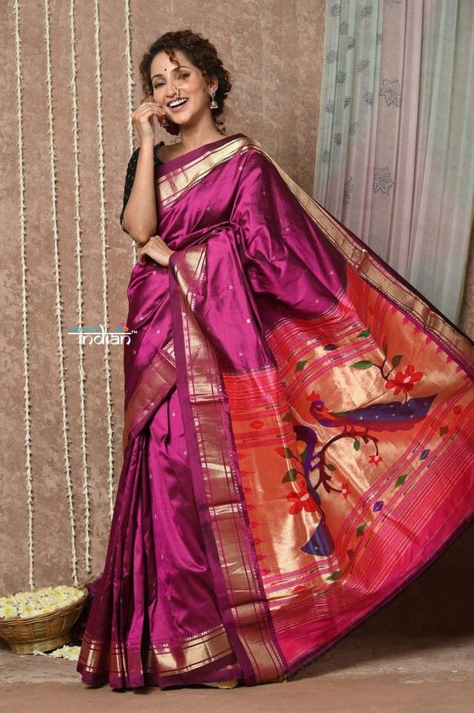 Tyohaar ~ Handloom Pure Silk Maharani Paithani Saree with Handcrafted Peacock Floral Pallu ~ Blooming Wine