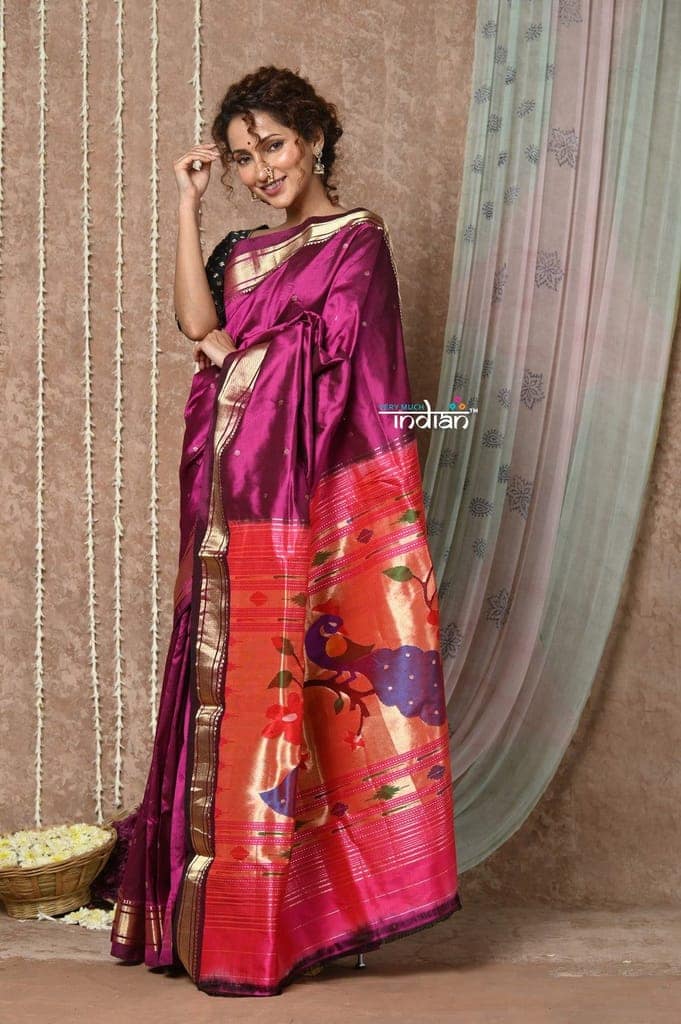 Tyohaar ~ Handloom Pure Silk Maharani Paithani Saree with Handcrafted Peacock Floral Pallu ~ Blooming Wine view 2