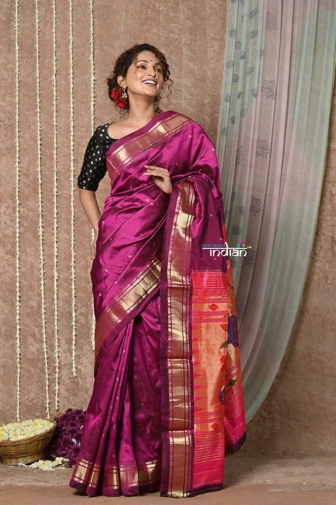Tyohaar ~ Handloom Pure Silk Maharani Paithani Saree with Handcrafted Peacock Floral Pallu ~ Blooming Wine view 3