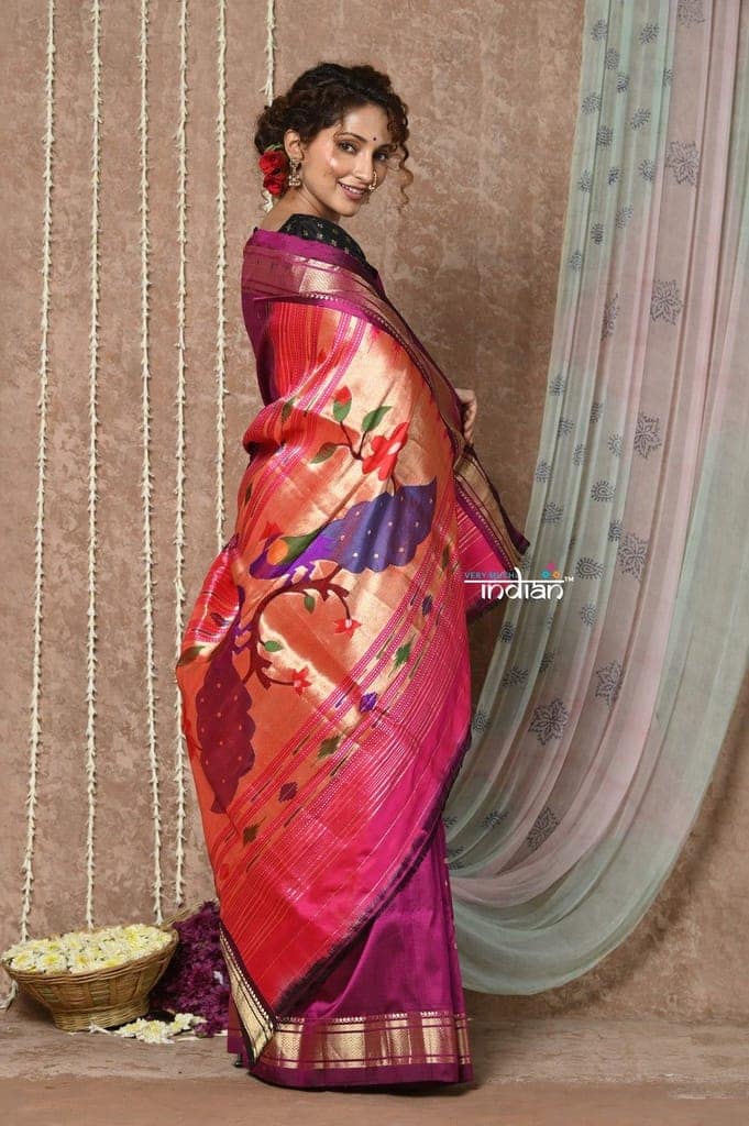 Tyohaar ~ Handloom Pure Silk Maharani Paithani Saree with Handcrafted Peacock Floral Pallu ~ Blooming Wine view 4