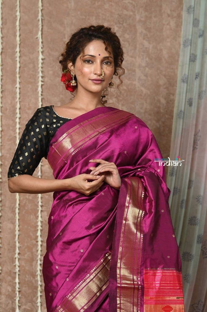Tyohaar ~ Handloom Pure Silk Maharani Paithani Saree with Handcrafted Peacock Floral Pallu ~ Blooming Wine view 6