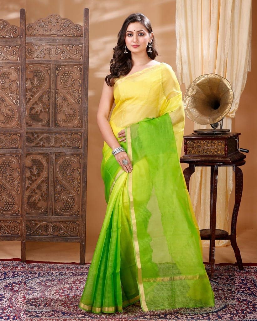 Pure Silk Kota Doria Sarees Citron Green and Yellow Color with running blouse-5401 view 2