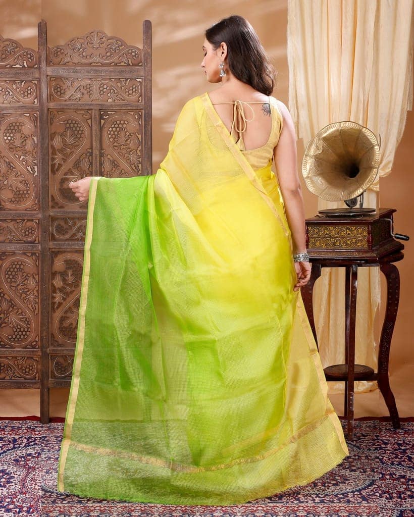 Pure Silk Kota Doria Sarees Citron Green and Yellow Color with running blouse-5401 view 3