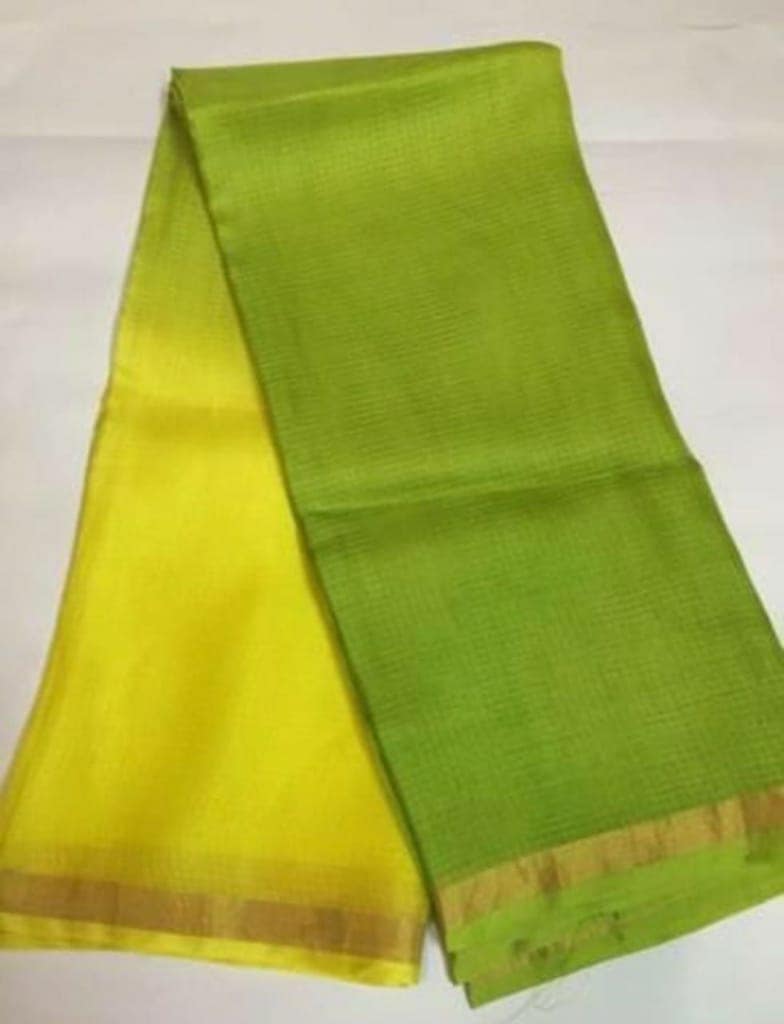Pure Silk Kota Doria Sarees Citron Green and Yellow Color with running blouse-5401 view 4