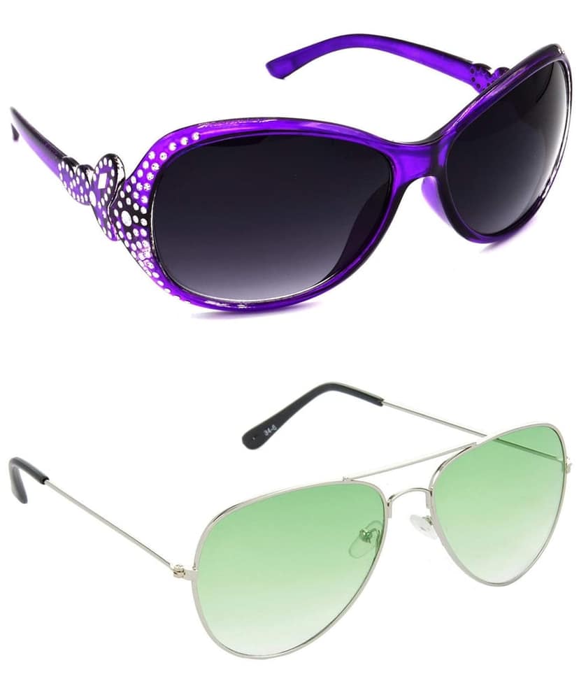 HRINKAR Unisex Round Sunglasses Violet & Silver Frame, Grey & Green Lens (Medium) - Pack of 2