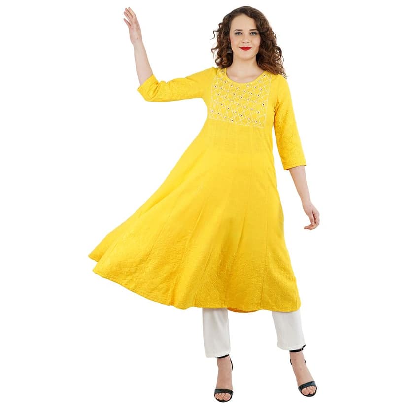 Yellow Cotton Kantha Kurti Pant Dupatta 3 Piece Set view 4