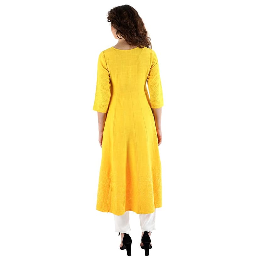 Yellow Cotton Kantha Kurti Pant Dupatta 3 Piece Set view 5
