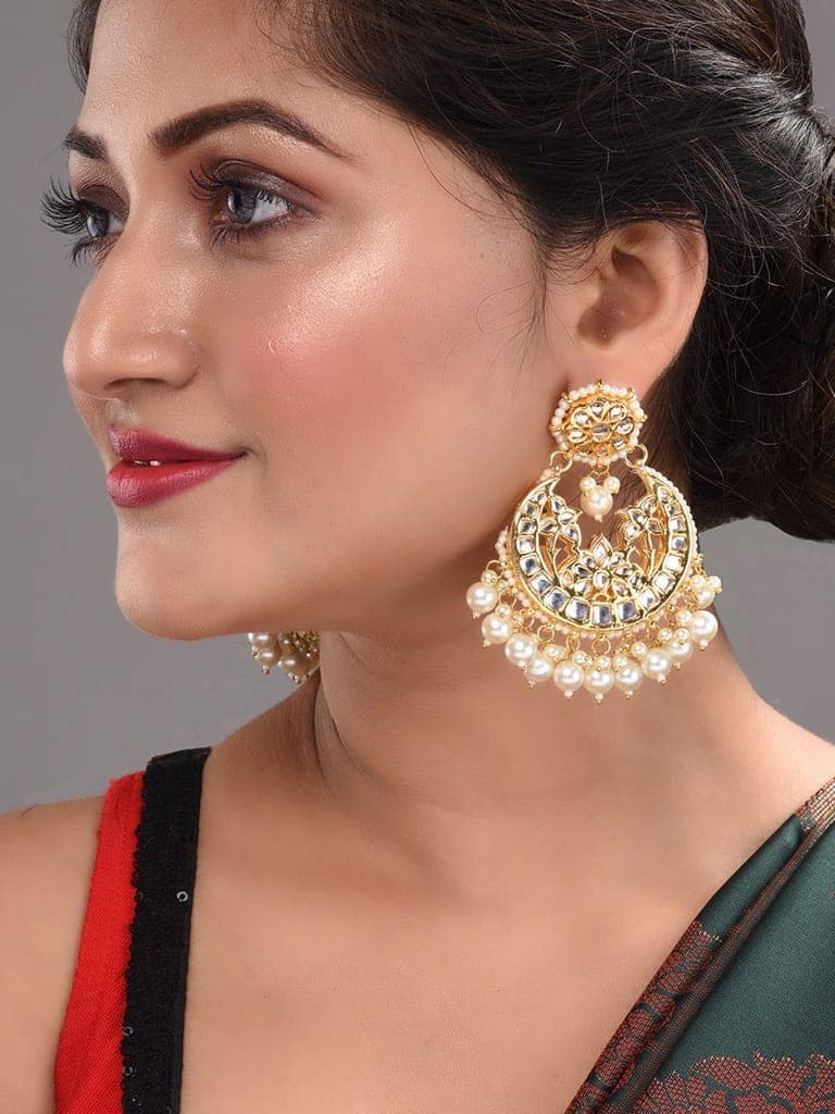 Gold Plated Kundan Studded & Pearl Beaded Traditional Chandbalis view 2