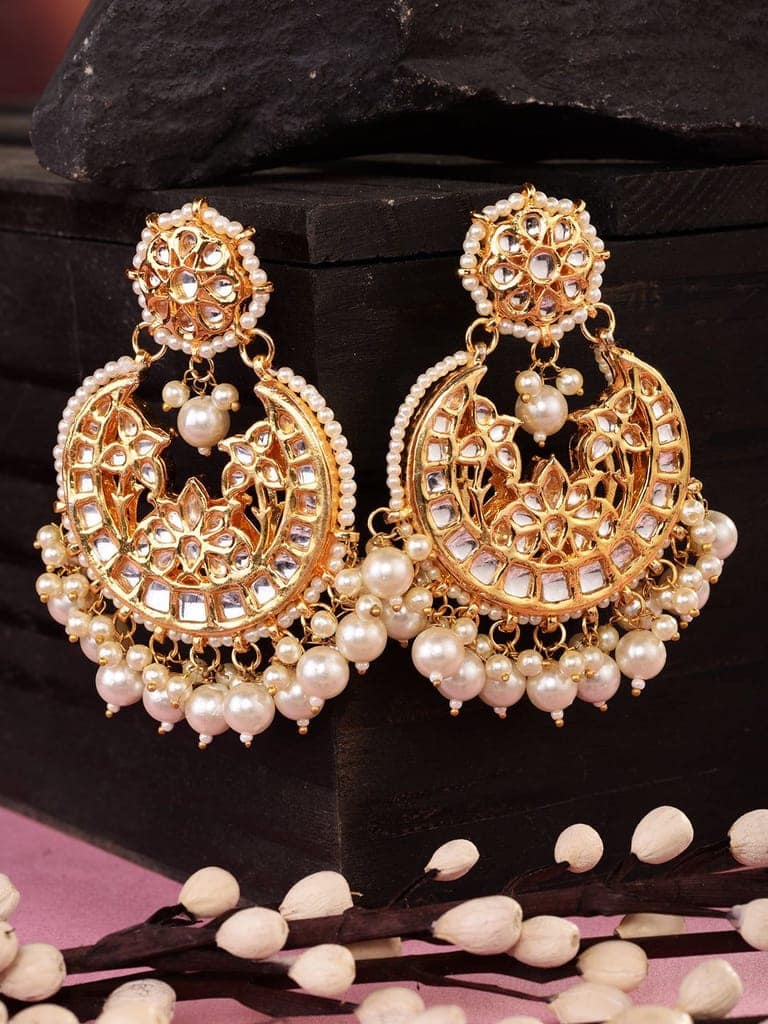 Gold Plated Kundan Studded & Pearl Beaded Traditional Chandbalis view 3