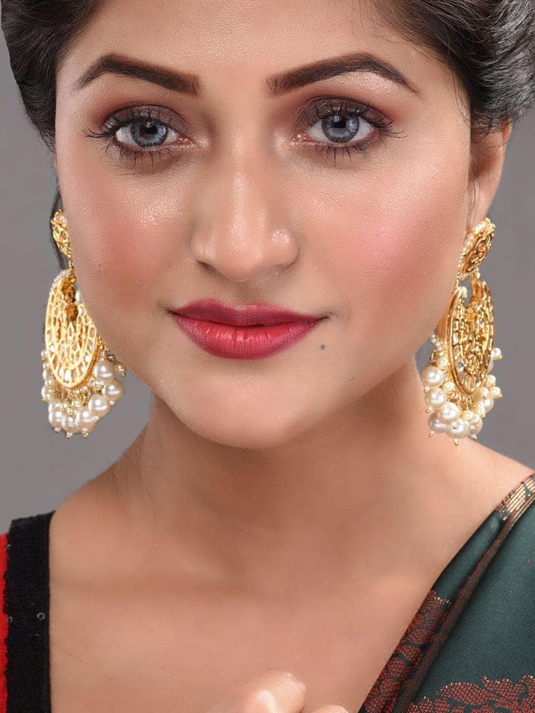 Gold Plated Kundan Studded & Pearl Beaded Traditional Chandbalis view 4