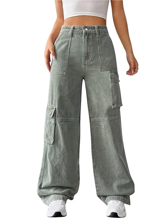Glossia Fashion Women Cargo Jeans | High Waist Stretchable Wide Leg Straight Fit Denim| Boyfriend Jeans for Women - Light Green, 28