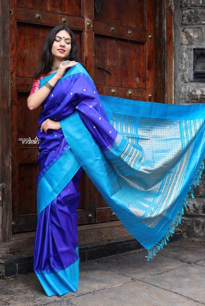 Utsaav ~ Gadwal Pure Silk Traditional Handloom Saree - Royal Blue with a Sky Blue Border, Authentic Pure Silk view 2