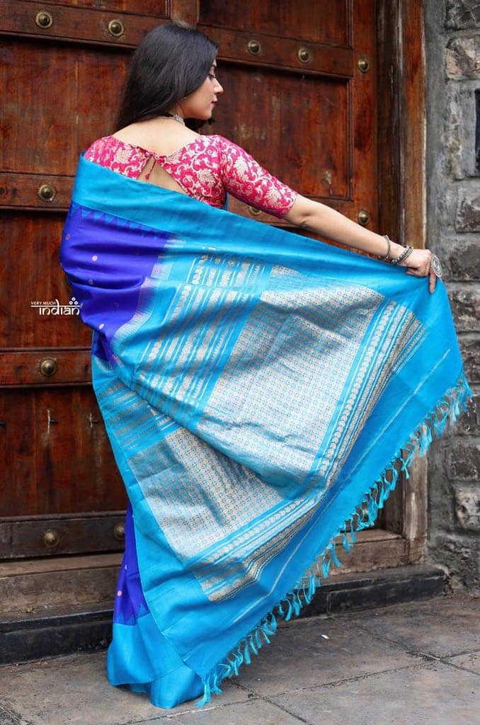 Utsaav ~ Gadwal Pure Silk Traditional Handloom Saree - Royal Blue with a Sky Blue Border, Authentic Pure Silk view 3