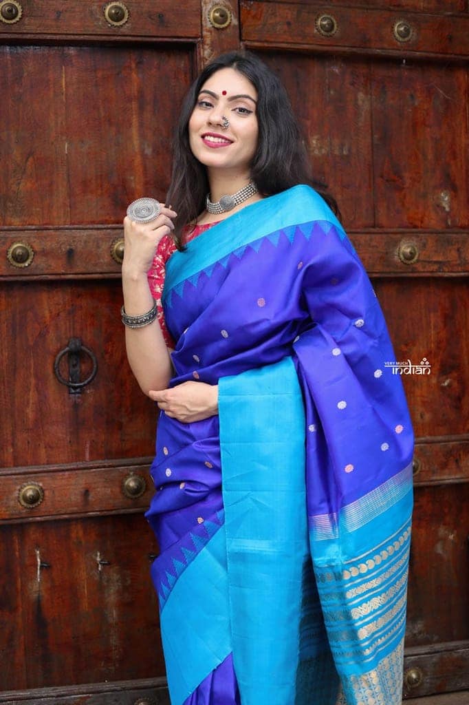 Utsaav ~ Gadwal Pure Silk Traditional Handloom Saree - Royal Blue with a Sky Blue Border, Authentic Pure Silk view 4