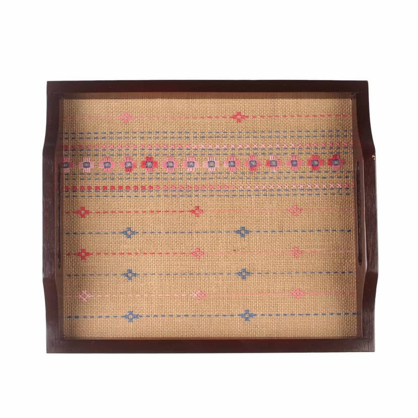 Tribes India Handmade Brown Jute Wooden Tray view 2