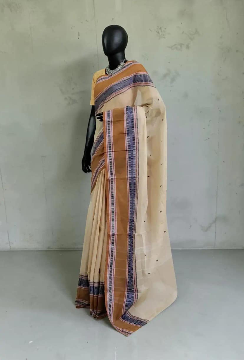Handwoven Kanchipuram Cotton-Silk Saree in Tan with Blue Striped Border view 2
