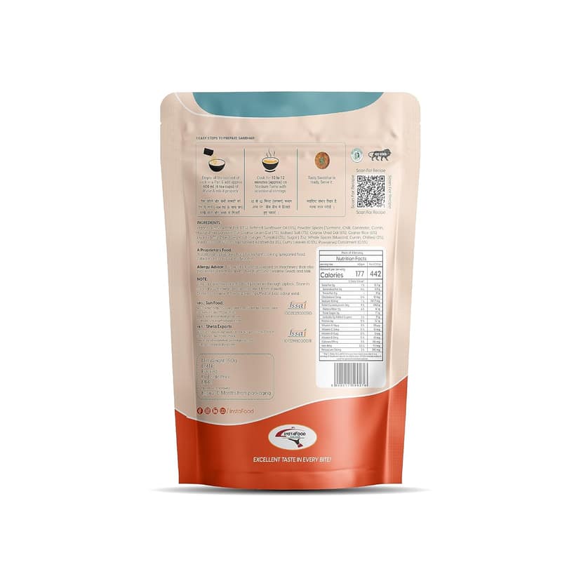 INSTAFOOD Sambhar | Ready to Eat & Cook Meal | 4 Servings | After Cooking Gets 750 gm to Serve | Zip Lock Packaging | Vegetarian Meal | Just Add Water and Cook, 150 gm view 2