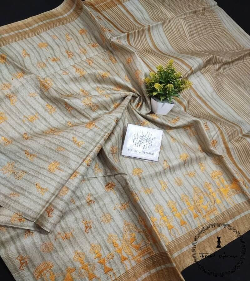 Semi Desi Handloom Tussar Silk With Tribal Embroidery From Chattisgarh view 7