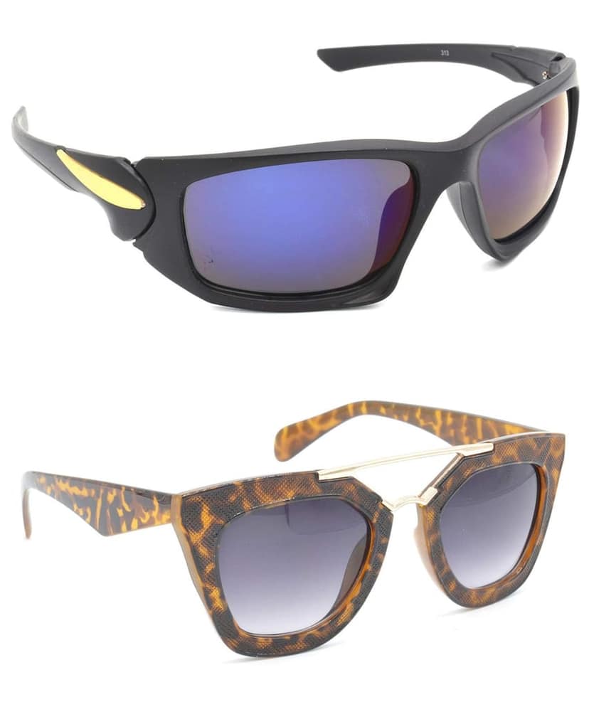 Hrinkar Unisex Sports Sunglasses Black & Golden Frame, Blue & Clear Lens (Medium) - Pack of 2
