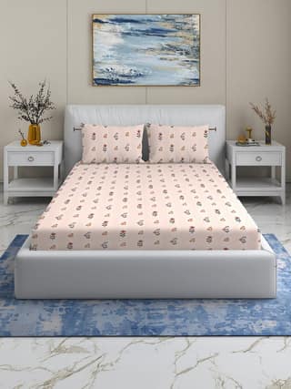 Quirky Home Rome Collection Premium Cotton Blend 180 TC Fitted Double Wrinklefree Bedsheet with 2 Pillow Covers, Beige Flower