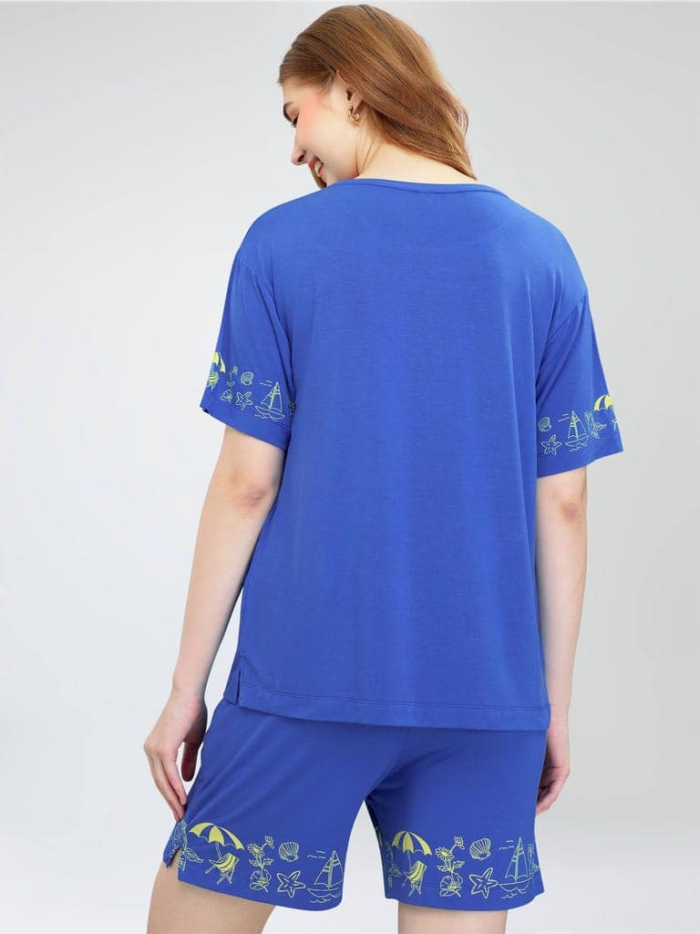 ZEYO Women's Viscose Blue Printed Night Suit Set of Top & Shorts view 5