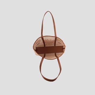 Woven Straw Tote Bag with Brown Leather Handles and Trim
