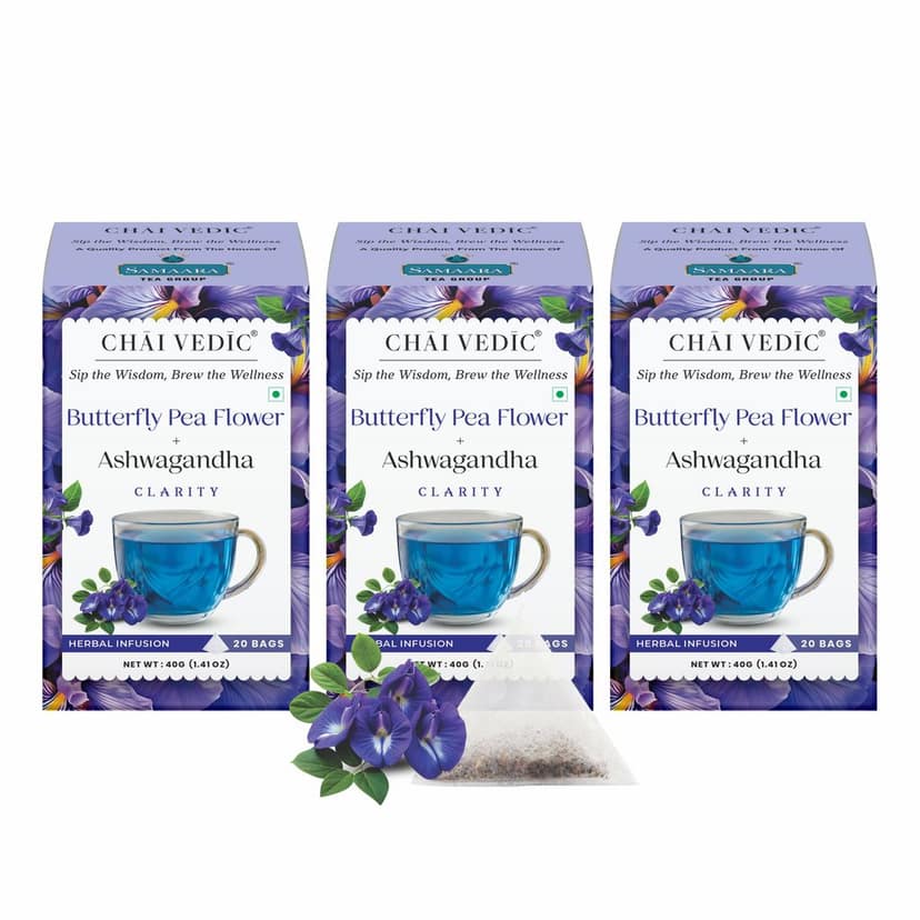 Chai Vedic Butterfly Pea Flower and Ashwagandha Herbal Infusion Tea, Clarity Blend, Tea Bags