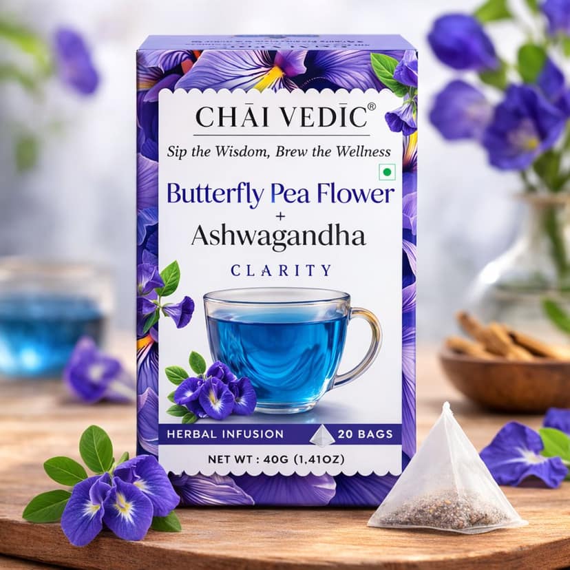 Chai Vedic Butterfly Pea Flower and Ashwagandha Herbal Infusion Tea, Clarity Blend, Tea Bags view 4