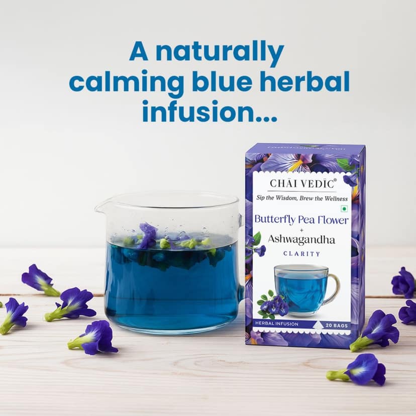 Chai Vedic Butterfly Pea Flower and Ashwagandha Herbal Infusion Tea, Clarity Blend, Tea Bags view 8