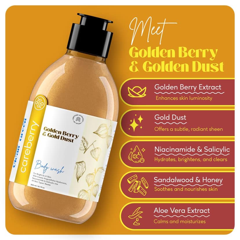 Careberry's Radiant Skin Revival Body Wash Pack of 4 - Hemp Seed & Shea Butter bodywash, Tea Tree & Eucalyptus shower gel, Argan & Almond oil shower gel, Golden Berry & Gold Dust body wash(300ml each) view 5