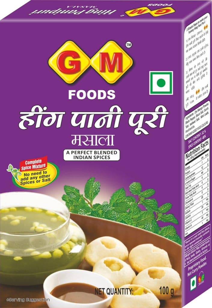 GM Foods Hing Pani Puri Masala Powder 100 Gram (PACK OF -1) | Authentic Instant Mix of Natural Indian Spices | Tangy & Flavorful Golgappa Masala | No MSG, Artificial Additives & Preservatives view 2